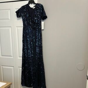 Calvin Klein Blue Sequin V-Neck Gown